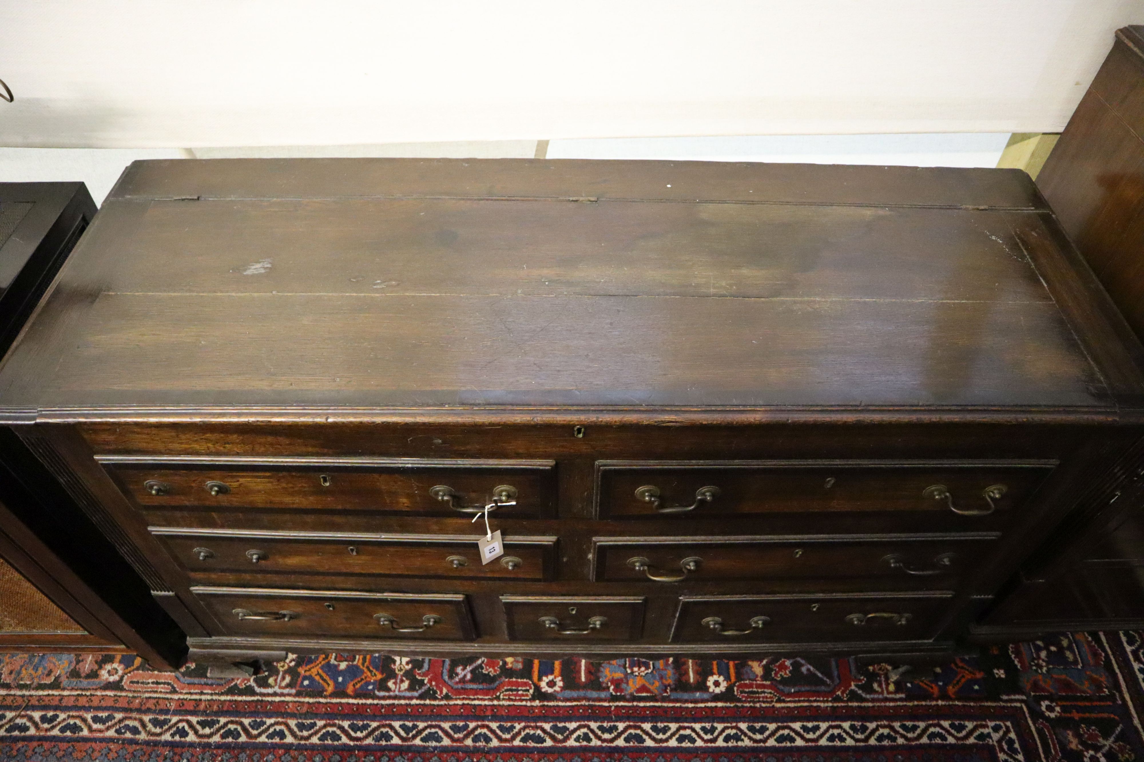 A mid 18th century mule chest, width 150cm, depth 53cm, height 88cm